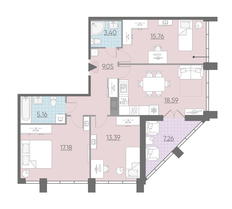 Трехкомнатная квартира в : площадь 86.16 м2 , этаж: 13 – купить в Санкт-Петербурге